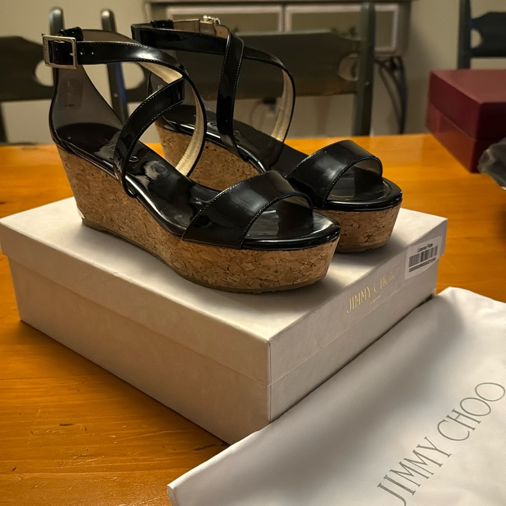Jimmy Choo Black Patent Leather Cork Wedge Sandals
